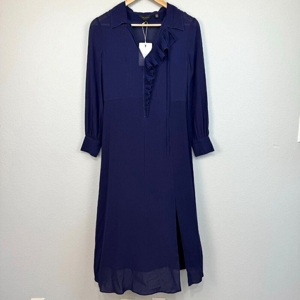 Ted Baker Women Faithiy‎ Asymmetric Ruffle Midi Dress Dark Navy Size 00